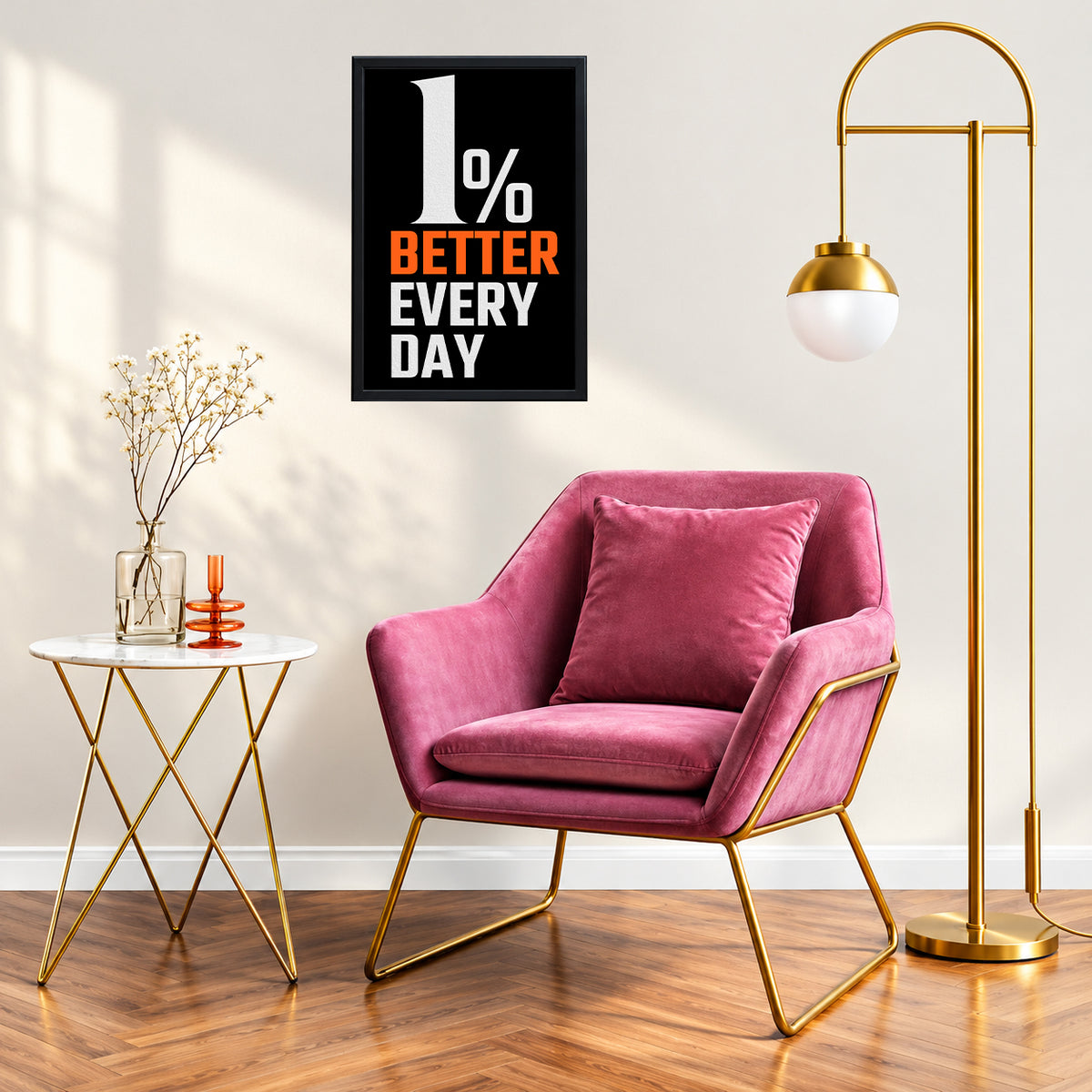1% Better Every Day Motivational Wall Art | 08 X 12 Inch | Modern Black & Orange Inspirational Poster