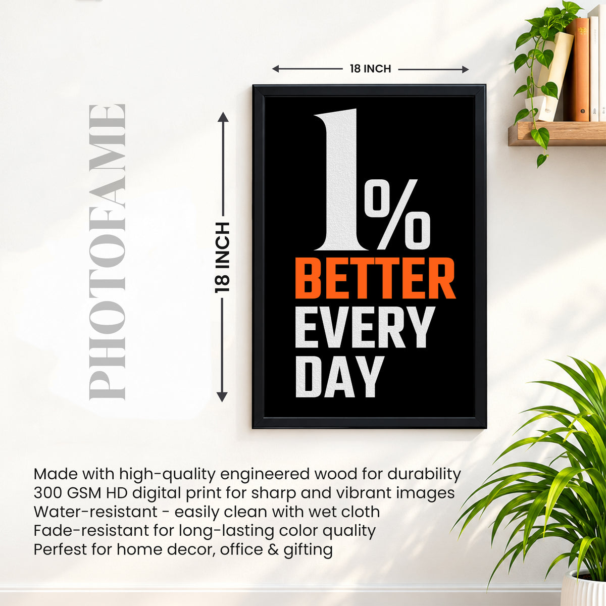 1% Better Every Day Motivational Wall Art | 08 X 12 Inch | Modern Black & Orange Inspirational Poster
