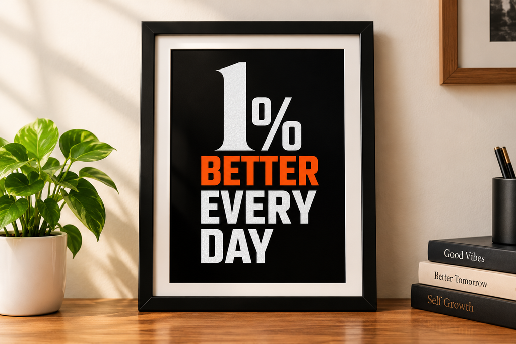 1% Better Every Day Motivational Wall Art | 08 X 12 Inch | Modern Black & Orange Inspirational Poster