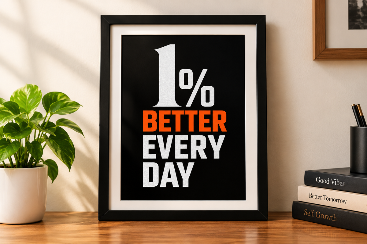 1% Better Every Day Motivational Wall Art | 08 X 12 Inch | Modern Black & Orange Inspirational Poster